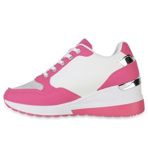 VAN HILL Damen Sneaker Metallic Schnürer Glitzer Profil-Sohle Schuhe 840883, Farbe: Fuchsia Silber Metallic, Größe: 38
