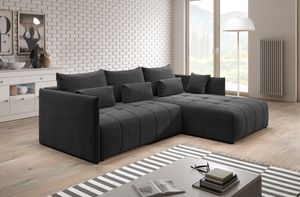 Sofa YALTA Couch ausziehbar mit Bettkasten und Kissen Schlafsofa Dunkelgrau EN25