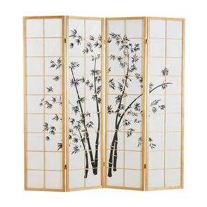 Homestyle4u 312, Paravent Raumteiler 4 teilig, Holz Natur, Reispapier Weiß Motiv Bambus, Höhe 179 cm
