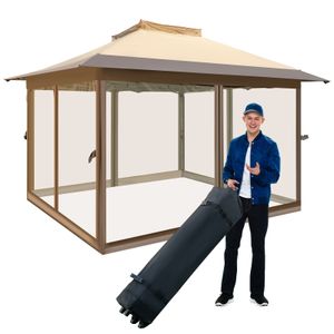 Skládací altán COSTWAY 3,6x3,6 m s moskytiérou, dvojitou střechou a taškou na přenášení, altán na kolečkách, voděodolný, UV ochrana 50+
