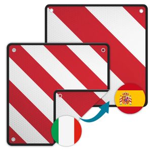 Wiltec 2in1 rot weiße Warntafel Spanien und Italien aus Aluminium mit Befestigungslöchern 500x500 mm reflektierend Warnschild für Fahrradträger und Heckträger zur Kennzeichnung überstehender Ladung