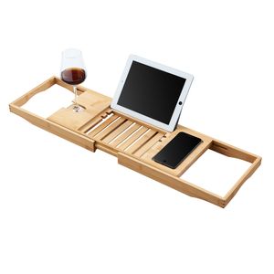 ACAZA Badewannenablage aus 100% Bambus Holz mit Tablet Halterung, Badewannentablett ausziehbar zur Aufbewahrung von Handy, Weinglas, Buch, mit Seidendose, zur Entspannung beim Baden,