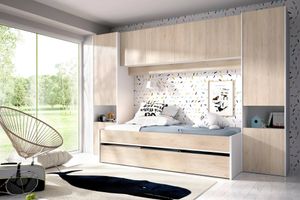 Kinderbett Dmra, Komplettes Schlafzimmer mit Bridge-Kleiderschrank und Kommode, Komposition mit Bett und Einzelausziehbett, 303 x 97 x 203 cm, Eiche und Weiß Kinderbett Dmra, Komplettes Schlafzimmer mit Bridge-Kleiderschrank und Kommode, Komposition mit Bett und Einzelausziehbett, 303 x 97 x 203 cm, Eiche und Weiß