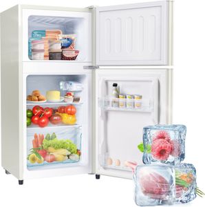 Merax Table Top Kühl-/Gefrierkombination BCD-86A, Mini Kühlschrank mit Gefrierfach, Doppeltür und LED-Beleuchtung, 60 L, freistehend，Cremeweiß