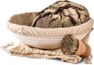 Gärkorb zum Brotbacken - Aus nachhaltigem Rattan - Rund - 30cm - Set inkl. Bürste, Leineneinlage & Brotbeutel - Geruchsneutral