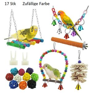 17 Stk Vogelspielzeug Set Holz Hängebrücke Glöckchen Kauspielzeug für Papageien, Wellensittiche, Nymphensittiche, Zufällige Farbe