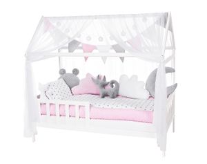 Haus Bett Kinderbett 160x80 cm Juniorbett Inkl. Rausfallschutz Bettset Matratze Kissen Design: Sternchen Minky rosa, grau Hausbett