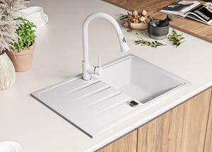 Granitspüle Weiß 78x50 cm, Spülbecken + Ablauf-Set, Küchenspüle für 45er Unterschrank, Einbauspüle Mailand 780 von Primagran