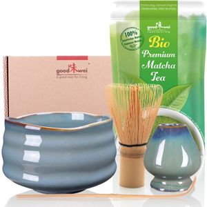 Matcha Teezeremonie Set "Menouseki" mit Teeschale, Besenhalter und 30g Premium Matcha