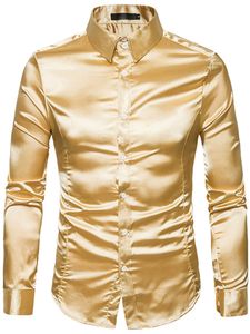 Herren Hemden Langarm Bluse Button Down Tops Slim Fit Satin Seidenhemden Freizeit Hemd Gelb,Größe L