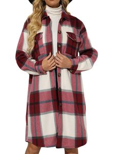Frauen Karierte Trenchcoat Winter Warme Lange Ärmel Outwear Open Vorne Taschenjacke,Farbe:Rosa,Größe:L