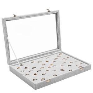 Schmuckkasten Ohrringe Aufbewahrungsbox mit 100 Schlitzen L35,4cm x B24,4cm Ringe Schmuck Organisator - Stapelbares Schmuck Aufbewahrungssystem – Schmuckaufbewahrung Grau mit Transparentem Deckel