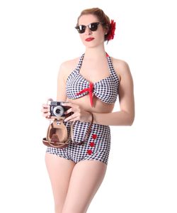 Dorisa 50s Pin Up Pepita Houndstooth retro High Waist Bikini v. SugarShock, Größe:XL, Farbe:schwarz weiss