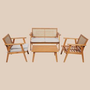 Vier-Personen-Akazien- / Rattan-Gartenmöbelset - Holzbank, -stuhl und -tisch