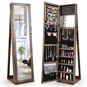 COSTWAY Schmuckschrank, Spiegelschrank mit Ganzkörperspiegel und eingebauter Make-up-Spiegel (Braun)