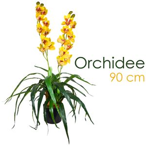 Künstliche Blumen Orchidee Orchideen Pflanzen Kunstpflanze Kunstblumen Künstlich Pflanze Gelb mit Topf Deko 90 cm Decovego
