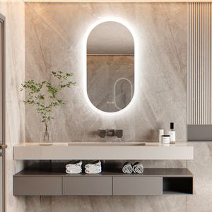 WISFOR LED koupelnové zrcadlo oválné, 50 × 80 cm, nástěnné zrcadlo s dotykovým spínačem, stmívatelné proti zamlžení, pro koupelnu, ložnici, 3 barvy světla, IP56, úspora energie