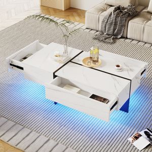 MODFU Hochglanz Couchtisch Beistelltisch mit App-gesteuertem LED Beleuchtung，Rechteckig Kaffeetisch mit 3 Schubladen,  100x50x34.5 cm, Weiß