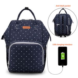 Vodotěsné stylové velkokapacitní multifunkční cestovní mateřské dětské přebalovací tašky s USB nabíjecím portem - modrá vlna Dot