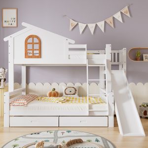 Merax Etagenbett 90x200/120x200cm mit Lattenrost und  2 Schubladen, Kinderbett mit Rutsche und Leiter, Hochbett Hausbett Holzbett Stockbett, Weiß