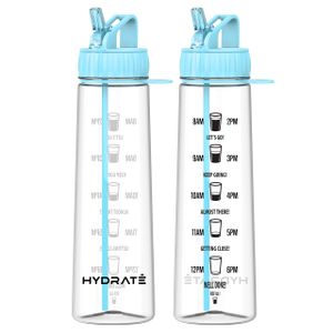 HYDRATE 900ml Wasserflasche mit Strohhalm, motivierende Zeitmarkierungen, ergonomisches Design, BPA-frei, Flip Cap, tropffreie Sportflasche, ideal fürs Fitnessstudio, robustes Material - Himmelblau