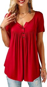 ASKSA Damen Bluse V-Ausschnitt Knopfleiste Solide Tunika mit Kurzen Ärmeln Tops, Rot, XL