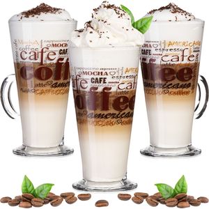 PLATINUX Kaffeegläser mit Motiv max. 280ml Set 3-Teilig aus Glas Latte Macchiato Gläser mit Griff Cappuccino Gläser