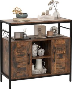 COSTWAY Sideboard Holz, Küchenschrank mit 3 Haken, Kommode mit 2 Türen, offenen Fächern, verstellbaren Regalen