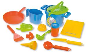 Lena 05410 Happy Sand Spielset Kochen 14 teilig Sand und Wasser Spielzeug Set mit Topf, Sieb, 3 Förmchen, Brett, Pfanne, Eislöffel, Eistüte und weitere Küchenzubehör Teile