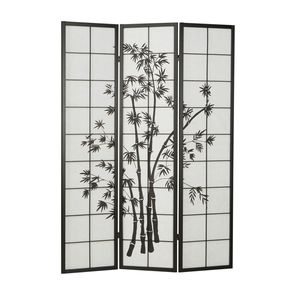 Homestyle4u 285, Paravent Raumteiler 3 teilig, Holz Schwarz, Reispapier Weiß Motiv Bambus, Höhe 175 cm