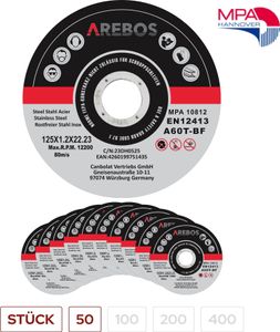 AREBOS Trennscheiben Ø 125 mm, 50 Stück geeignet für Stahl, Edelstahl, Inox, Eisen, Blech, Metall  Vor- und Rücklauf EN 12413  vom Materialprüfungsamt