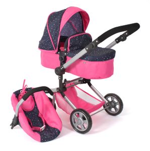 Bayer Chic 2000 - Kombi-Puppenwagen Linus, 3in1 Puppenwagen-Set mit umwandelbarer Babywanne und Puppen-Autositz, Konfetti pink