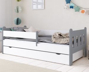 Kinderbett 80x160 | 80x180 | 90x200 cm mit Schublade, Rausfallschutz & Lattenrost in weiß-grau 200 x 90 Mädchen Jungen Bett