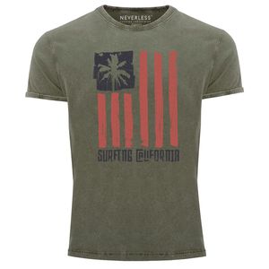 Herren Vintage Shirt USA Surfing California Flagge Surf Design Retro Printshirt Aufdruck Used Look Neverless® oliv XL
