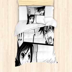 ABAKUHAUS Anime Mantele, Japanese Cartoon Comic, Milbensicher Allergiker geeignet mit Kissenbezügen, 135 cm x 200 cm - 80 x 80 cm, Schwarz Weiß Grau