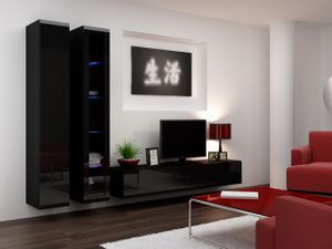 Wohnwand Wohnzimmer - Set Schrankwand VIGO 3D schwarz Hochglanz 3tlg mit hängendem TV-Schrank Hängeschrank hängenden Vitrinen 260cm breit