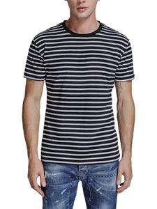 Herren Gestreiftes Bedrucktes Rundhals-Baumwolloberteil Kurzarm-T-Shirt Schmale Blusenoberteile,Farbe: Schwarz,Größe:L