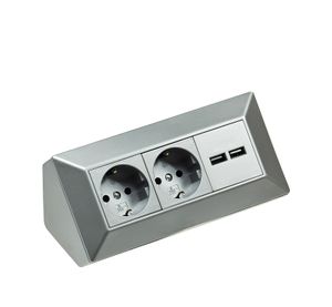 ChiliTec Steckdosenblock Ecksteckdose mit 2x USB 2 Schutzkontaktsteckdosen Aufbausteckdose 230V Unterbau Eck-Montage für Arbeitsplatte Küche Grau Silber