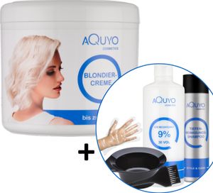 Blondiercreme Set mit Cremeoxydant 9% (500ml) + Handschuhen, Färbeschale, Färbepinsel und Tiefenreinigungsshampoo - zum blondieren oder aufhellen der Haare | Blondierung bis zu 9 Stufen heller