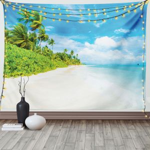 ABAKUHAUS Ozean Wandteppich, Strand Sea Exotische Palmen, Wohnzimmer Schlafzimmer Heim Seidiges Satin Wandteppich, 200 x 150 cm, Creme Grün Blau