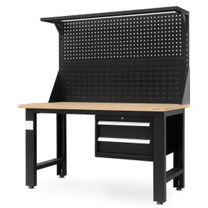 Werkbank mit Lochwand Werktisch Arbeitsplatte mit 2 Schubladen Metall, 150 cm x 170 cm x 75 cm, Farbe: Schwarz