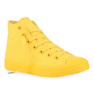 Mytrendshoe Damen Sneaker High Canvas Turnschuhe Schnürer Freizeitschuhe 826091, Farbe: Gelb, Größe: 38