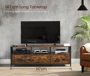 VASAGLE TV-Schrank, TV Lowboard für Fernseher bis zu 65 Zoll, 147 x 40 x 50 cm, TV-Regal mit 3 Schubladen, Stahlgestell, Industrie-Design, vintagebraun-schwarz LTV301B01