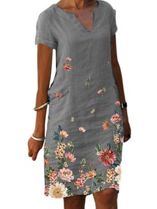 Damen Kurzarm Kleid Retro Kleider Vintage V-Ausschnitt Sommer Strand Sommerkleid Grau,Größe XL
