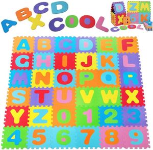 Kinder-Schaumstoff-Spielmatte (36er-Set) Ineinandergreifende Bodenfliesen mit Buchstaben und Zahlen $ Kinder-Schaumstoff-Spielmatte (36er-Set) Ineinandergreifendes Buchstaben- und Zahlen-Bodenpuzzle Farbige EVA-Bodenfliesen