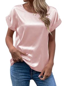 Damen Blusen Satin T-Shirt Soft Tee Lose Kurzarm Tunika Comfy Bluse Lässig Oberteile Rosa,Größe XL