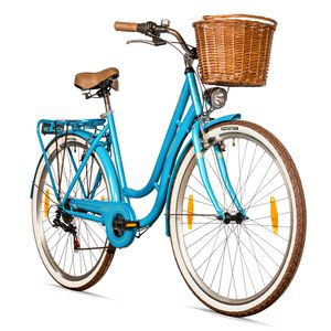 Bergsteiger Marseille 26 Zoll 28 Zoll Damenfahrrad, ab 150 cm, Korb aus Rattan, Fahrrad-Licht, Damen-Citybike, Damenrad im Retro-Design, 6 Gang Shimano Tourney Schaltung