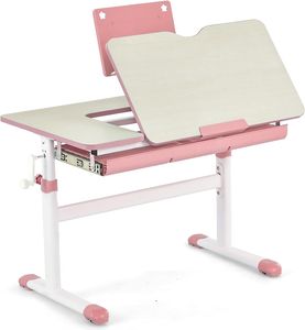 COSTWAY Dětský psací stůl s nastavitelnou výškou, žákovský psací stůl s naklápěcí deskou, stojanem na knihy, zásuvkou a měřícím pravítkem, ergonomický psací stůl pro děti od 3 do 12 let (růžový)