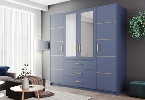 Easy Furniture Kleiderschrank Bali D4 mit Spiegel 196 cm, 3 Schubladen, Garderobeschrank Schlafzimmer, Wohnzimmerschrank, Farbe: Blau
