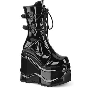 WAVE-150 DemoniaCult dámské boty na klínku s lýtkovou platformou netopýří černý lak